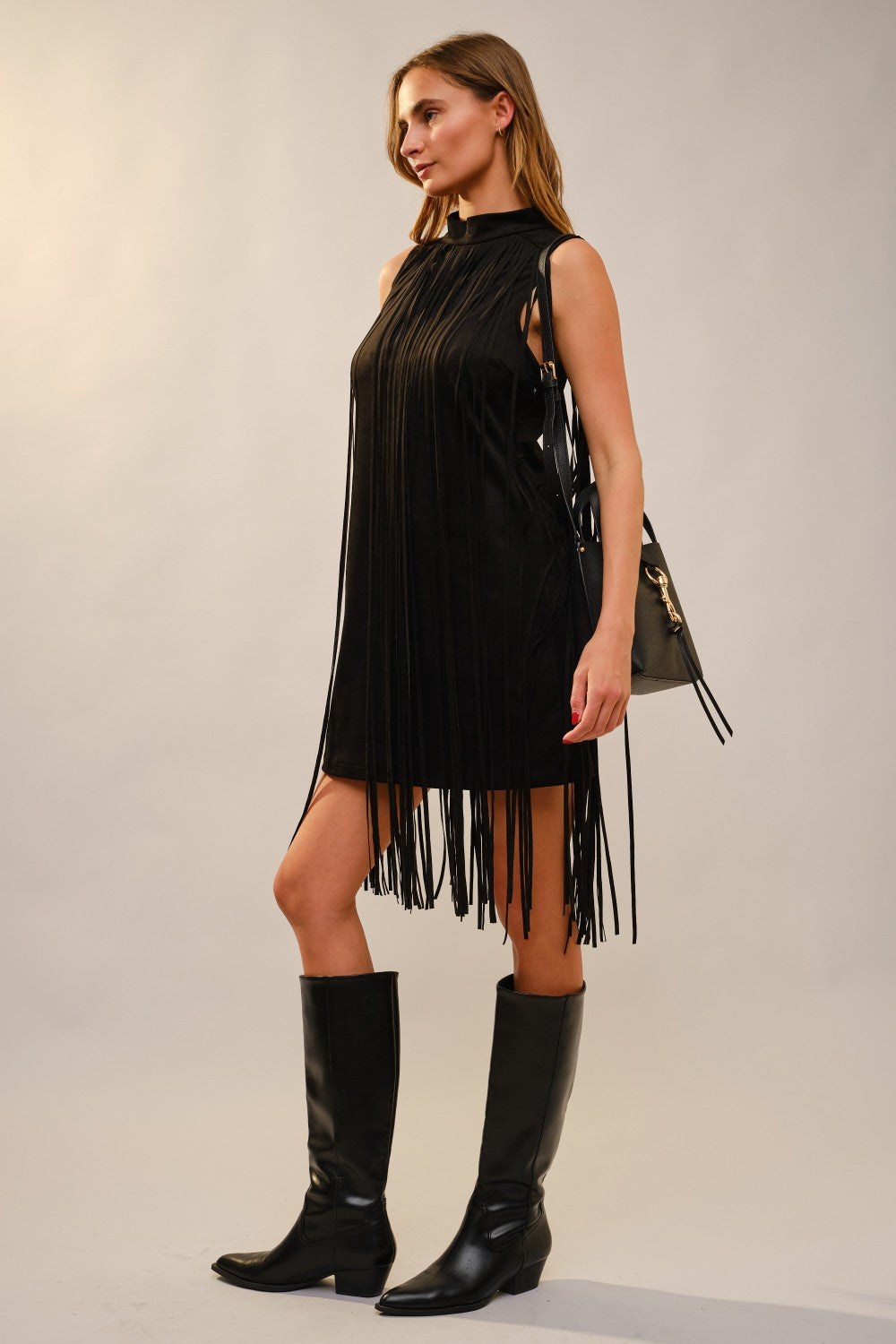 Marlowe Mock Neck Suede Fringe Mini Dress