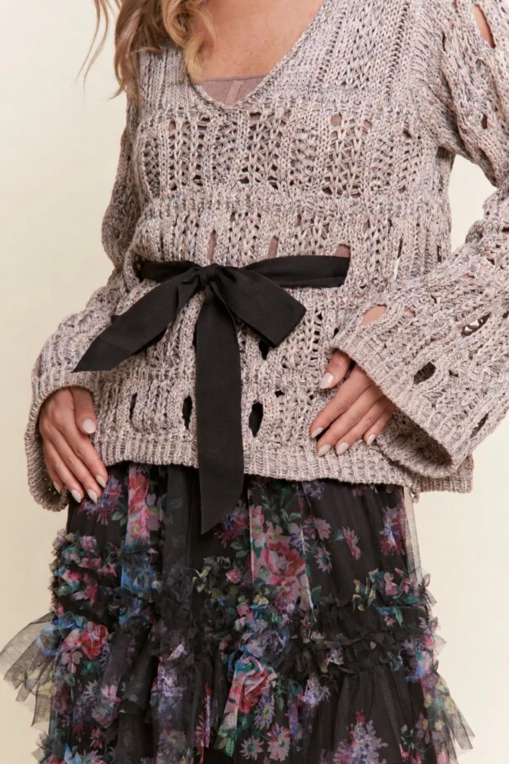 Brynn Open Knit Bell Sleeve Sweater